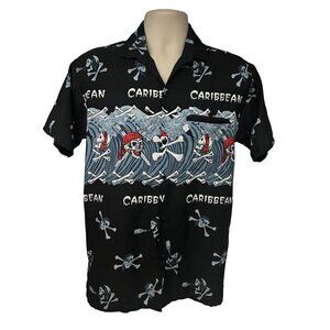Rima Mens Black Hawaiian Button Up Shirt Medium Welt Pocket Pirates Skulls